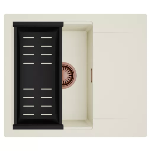 HD Onyx White 58 egymedencés mosogatótálca szett, matt fekete csepegtetőkosárral, csepegtetőtálcával, tört fehér színben, szálcsiszolt réz leeresztő szifonnal