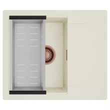 HD Onyx White 58 egymedencés mosogatótálca szett, acél csepegtetőkosárral, csepegtetőtálcával, tört fehér színben, szálcsiszolt réz leeresztő szifonnal