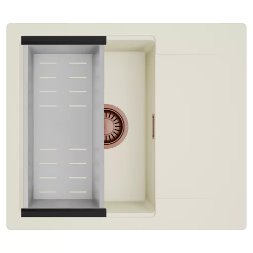 HD Onyx White 58 egymedencés mosogatótálca szett, acél csepegtetőkosárral, csepegtetőtálcával, tört fehér színben, szálcsiszolt réz leeresztő szifonnal