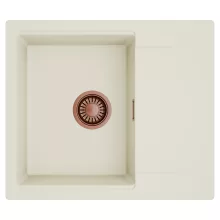 HD Onyx White 58 egymedencés mosogatótálca, csepegtetőtálcával, tört fehér színben, szálcsiszolt réz leeresztő szifonnal