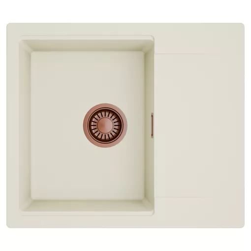 HD Onyx White 58 egymedencés mosogatótálca, csepegtetőtálcával, tört fehér színben, szálcsiszolt réz leeresztő szifonnal