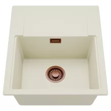 HD Onyx White 58 egymedencés mosogatótálca, csepegtetőtálcával, tört fehér színben, szálcsiszolt réz leeresztő szifonnal