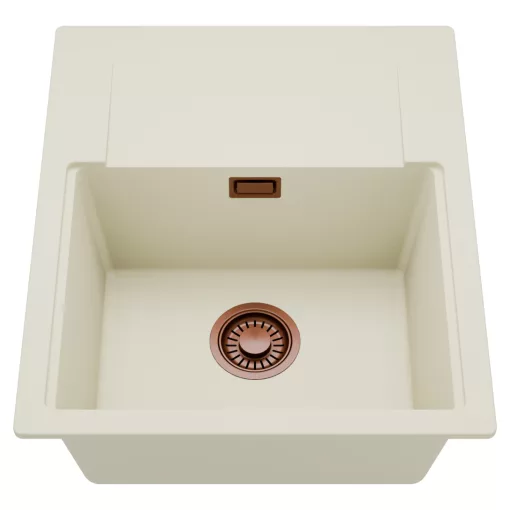 HD Onyx White 58 egymedencés mosogatótálca, csepegtetőtálcával, tört fehér színben, szálcsiszolt réz leeresztő szifonnal