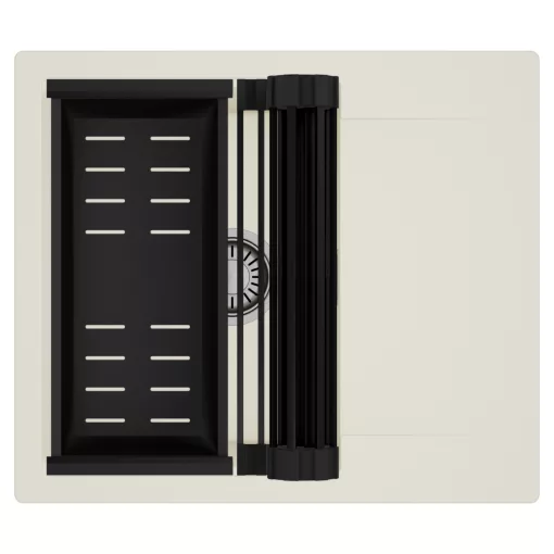 HD Onyx White 58 egymedencés mosogatótálca szett, matt fekete csepegtetőráccsal és kosárral, csepegtetőtálcával, tört fehér színben