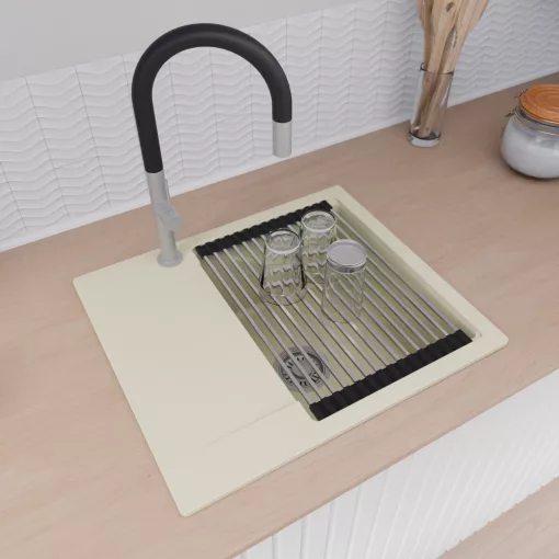 HD Onyx White 58 egymedencés mosogatótálca szett, acél csepegtetőráccsal és matt fekete kosárral, csepegtetőtálcával, tört fehér színben