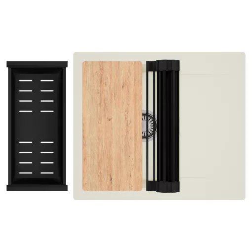 HD Onyx White 58 egymedencés mosogatótálca szett, vágódeszkával, matt fekete csepegtetőráccsal és kosárral, csepegtetőtálcával, tört fehér színben