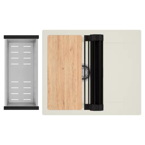 HD Onyx White 58 egymedencés mosogatótálca szett, vágódeszkával, matt fekete csepegtetőráccsal és krómozott kosárral, csepegtetőtálcával, tört fehér színben