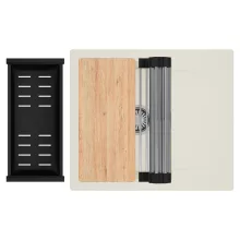 HD Onyx White 58 egymedencés mosogatótálca szett, vágódeszkával, acél csepegtetőráccsal és matt fekete kosárral, csepegtetőtálcával, tört fehér színben