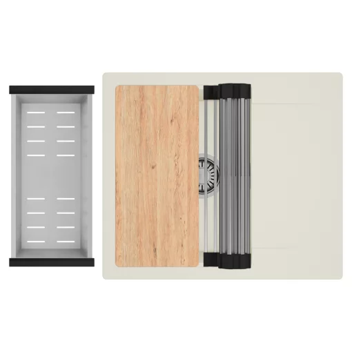 HD Onyx White 58 egymedencés mosogatótálca szett, vágódeszkával, acél csepegtetőráccsal és kosárral, csepegtetőtálcával, tört fehér színben