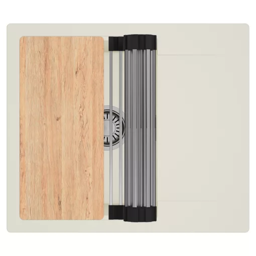 HD Onyx White 58 egymedencés mosogatótálca szett, vágódeszkával, acél csepegtetőráccsal, csepegtetőtálcával, tört fehér színben