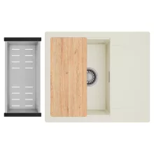 HD Onyx White 58 egymedencés mosogatótálca szett, vágódeszkával, acél csepegtetőkosárral, csepegtetőtálcával, tört fehér színben