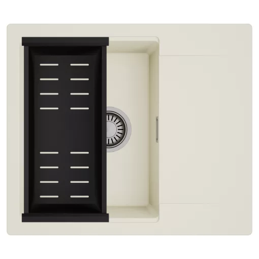 HD Onyx White 58 egymedencés mosogatótálca szett, matt fekete csepegtetőkosárral, csepegtetőtálcával, tört fehér színben