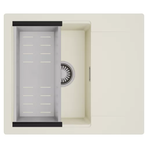 HD Onyx White 58 egymedencés mosogatótálca szett, acél csepegtetőkosárral, csepegtetőtálcával, tört fehér színben