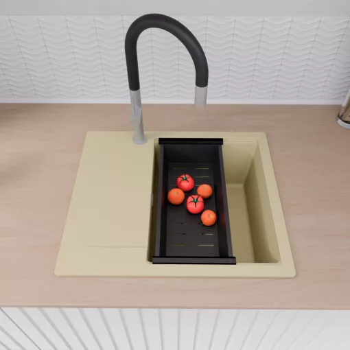 HD Onyx Beige 58 egymedencés mosogatótálca szett, matt fekete csepegtetőráccsal és kosárral, csepegtetőtálcával, soft bézs színben, szálcsiszolt króm leeresztő szifonnal