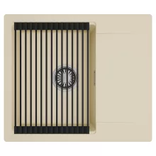 HD Onyx Beige 58 egymedencés mosogatótálca szett, matt fekete csepegtetőráccsal, csepegtetőtálcával, soft bézs színben, szálcsiszolt króm leeresztő szifonnal