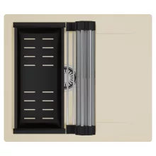 HD Onyx Beige 58 egymedencés mosogatótálca szett, acél csepegtetőráccsal és matt fekete kosárral, csepegtetőtálcával, soft bézs színben, szálcsiszolt króm leeresztő szifonnal