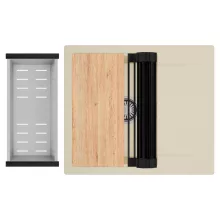 HD Onyx Beige 58 egymedencés gránit mosogatótálca szett, csepegtetőtálcával, vágódeszkával, matt fekete csepegtetőráccsal és krómozott kosárral, soft bézs színben, szálcsiszolt króm leeresztő szifonnal