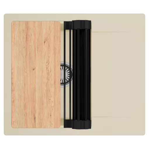 HD Onyx Beige 58 egymedencés gránit mosogatótálca szett, csepegtetőtálcával, vágódeszkával, matt fekete csepegtetőráccsal, soft bézs színben, szálcsiszolt króm leeresztő szifonnal