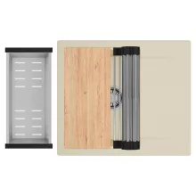 HD Onyx Beige 58 egymedencés gránit mosogatótálca szett, csepegtetőtálcával, vágódeszkával, acél csepegtetőráccsal és kosárral, soft bézs színben, szálcsiszolt króm leeresztő szifonnal