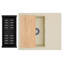 HD Onyx Beige 58 egymedencés gránit mosogatótálca szett, csepegtetőtálcával, vágódeszkával, matt fekete csepegtetőkosárral, soft bézs színben, szálcsiszolt króm leeresztő szifonnal