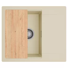 HD Onyx Beige 58 egymedencés gránit mosogatótálca, vágódeszkával, soft bézs színben, szálcsiszolt króm leeresztő szifonnal