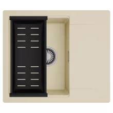 HD Onyx Beige 58 egymedencés mosogatótálca szett, matt fekete csepegtetőkosárral, csepegtetőtálcával, soft bézs színben, szálcsiszolt króm leeresztő szifonnal