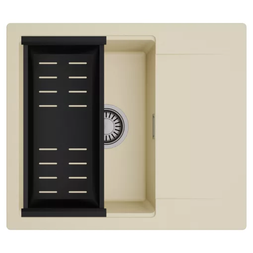 HD Onyx Beige 58 egymedencés mosogatótálca szett, matt fekete csepegtetőkosárral, csepegtetőtálcával, soft bézs színben, szálcsiszolt króm leeresztő szifonnal
