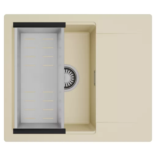 HD Onyx Beige 58 egymedencés mosogatótálca szett, acél csepegtetőkosárral, csepegtetőtálcával, soft bézs színben, szálcsiszolt króm leeresztő szifonnal