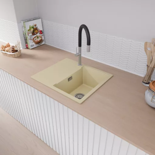 HD Onyx Beige 58 egymedencés mosogatótálca, csepegtetőtálcával, soft bézs színben, szálcsiszolt króm leeresztő szifonnal