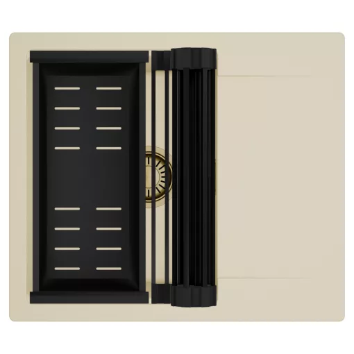 HD Onyx Beige 58 egymedencés mosogatótálca szett, matt fekete csepegtetőráccsal és kosárral, csepegtetőtálcával, soft bézs színben, szálcsiszolt arany leeresztő szifonnal