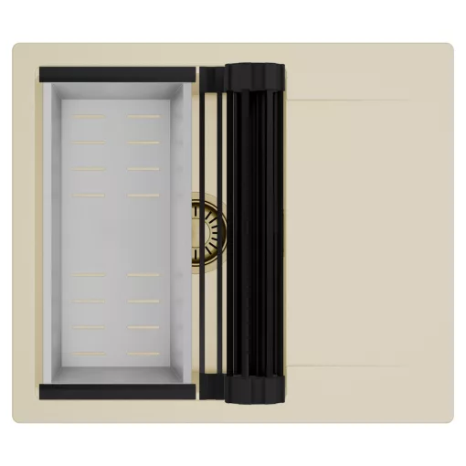 HD Onyx Beige 58 egymedencés mosogatótálca szett, matt fekete csepegtetőráccsal és krómozott kosárral, csepegtetőtálcával, soft bézs színben, szálcsiszolt arany leeresztő szifonnal