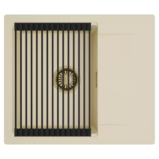 HD Onyx Beige 58 egymedencés mosogatótálca szett, matt fekete csepegtetőráccsal, csepegtetőtálcával, soft bézs színben, szálcsiszolt arany leeresztő szifonnal