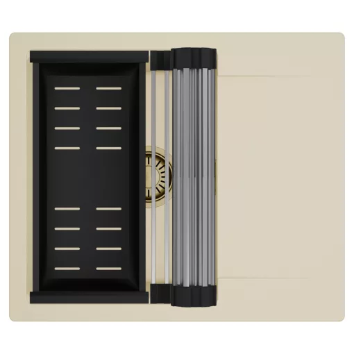 HD Onyx Beige 58 egymedencés mosogatótálca szett, acél csepegtetőráccsal és matt fekete kosárral, csepegtetőtálcával, soft bézs színben, szálcsiszolt arany leeresztő szifonnal