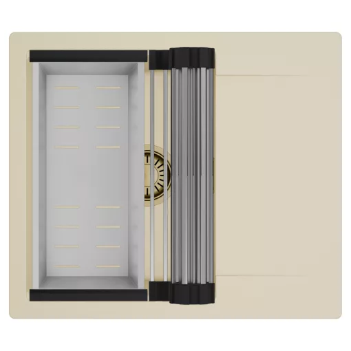 HD Onyx Beige 58 egymedencés mosogatótálca szett, acél csepegtetőráccsal és kosárral, csepegtetőtálcával, soft bézs színben, szálcsiszolt arany leeresztő szifonnal