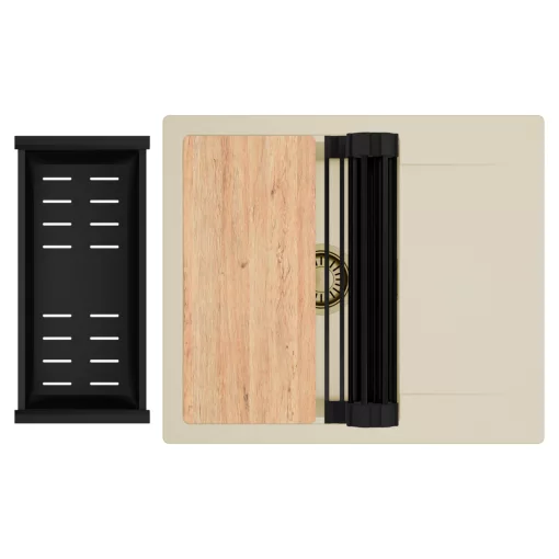 HD Onyx Beige 58 egymedencés gránit mosogatótálca szett, csepegtetőtálcával, vágódeszkával, matt fekete csepegtetőráccsal és kosárral, soft bézs színben, szálcsiszolt arany leeresztő szifonnal