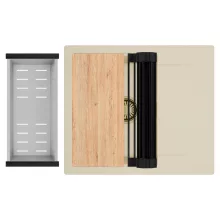 HD Onyx Beige 58 egymedencés gránit mosogatótálca szett, csepegtetőtálcával, vágódeszkával, matt fekete csepegtetőráccsal és krómozott kosárral, soft bézs színben, szálcsiszolt arany leeresztő szifonnal