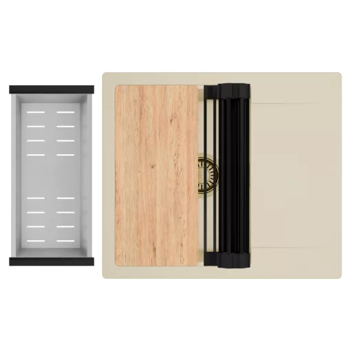 HD Onyx Beige 58 egymedencés gránit mosogatótálca szett, csepegtetőtálcával, vágódeszkával, matt fekete csepegtetőráccsal és krómozott kosárral, soft bézs színben, szálcsiszolt arany leeresztő szifonnal