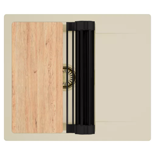 HD Onyx Beige 58 egymedencés gránit mosogatótálca szett, csepegtetőtálcával, vágódeszkával, matt fekete csepegtetőráccsal, soft bézs színben, szálcsiszolt arany leeresztő szifonnal