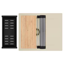 HD Onyx Beige 58 egymedencés gránit mosogatótálca szett, csepegtetőtálcával, vágódeszkával, acél csepegtetőráccsal és matt fekete kosárral, soft bézs színben, szálcsiszolt arany leeresztő szifonnal