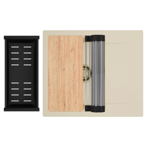 HD Onyx Beige 58 egymedencés gránit mosogatótálca szett, csepegtetőtálcával, vágódeszkával, acél csepegtetőráccsal és matt fekete kosárral, soft bézs színben, szálcsiszolt arany leeresztő szifonnal