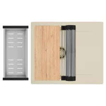 HD Onyx Beige 58 egymedencés gránit mosogatótálca szett, csepegtetőtálcával, vágódeszkával, acél csepegtetőráccsal és kosárral, soft bézs színben, szálcsiszolt arany leeresztő szifonnal