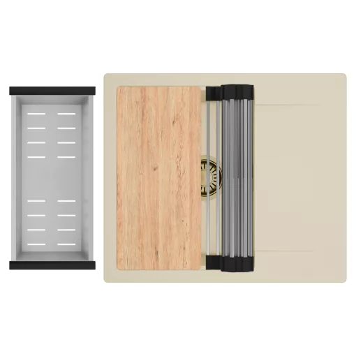 HD Onyx Beige 58 egymedencés gránit mosogatótálca szett, csepegtetőtálcával, vágódeszkával, acél csepegtetőráccsal és kosárral, soft bézs színben, szálcsiszolt arany leeresztő szifonnal