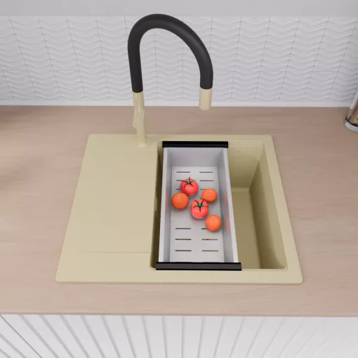 HD Onyx Beige 58 egymedencés gránit mosogatótálca szett, csepegtetőtálcával, vágódeszkával, acél csepegtetőráccsal és kosárral, soft bézs színben, szálcsiszolt arany leeresztő szifonnal