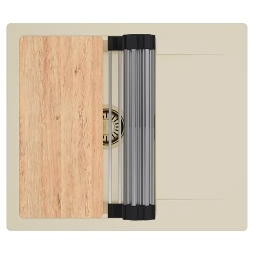 HD Onyx Beige 58 egymedencés gránit mosogatótálca szett, csepegtetőtálcával, vágódeszkával, acél csepegtetőráccsal, soft bézs színben, szálcsiszolt arany leeresztő szifonnal