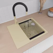 HD Onyx Beige 58 egymedencés gránit mosogatótálca szett, csepegtetőtálcával, vágódeszkával, acél csepegtetőráccsal, soft bézs színben, szálcsiszolt arany leeresztő szifonnal