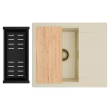 HD Onyx Beige 58 egymedencés gránit mosogatótálca szett, csepegtetőtálcával, vágódeszkával, matt fekete csepegtetőkosárral, soft bézs színben, szálcsiszolt arany leeresztő szifonnal