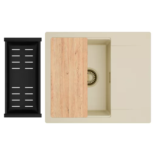 HD Onyx Beige 58 egymedencés gránit mosogatótálca szett, csepegtetőtálcával, vágódeszkával, matt fekete csepegtetőkosárral, soft bézs színben, szálcsiszolt arany leeresztő szifonnal