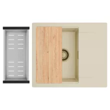 HD Onyx Beige 58 egymedencés gránit mosogatótálca szett, csepegtetőtálcával, vágódeszkával, acél csepegtetőkosárral, soft bézs színben, szálcsiszolt arany leeresztő szifonnal