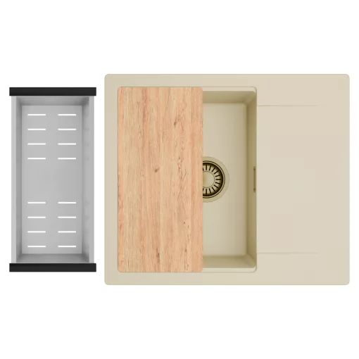 HD Onyx Beige 58 egymedencés gránit mosogatótálca szett, csepegtetőtálcával, vágódeszkával, acél csepegtetőkosárral, soft bézs színben, szálcsiszolt arany leeresztő szifonnal