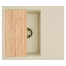 HD Onyx Beige 58 egymedencés gránit mosogatótálca, vágódeszkával, soft bézs színben, szálcsiszolt arany leeresztő szifonnal